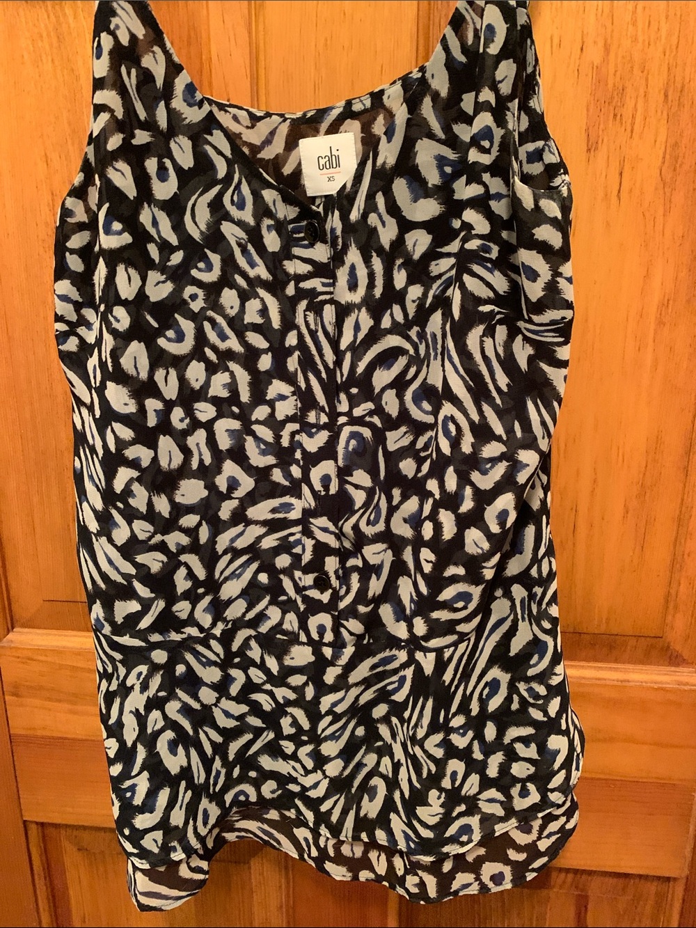 CAbi Black, White & Blue Sleeveless Animal-Print Blouse